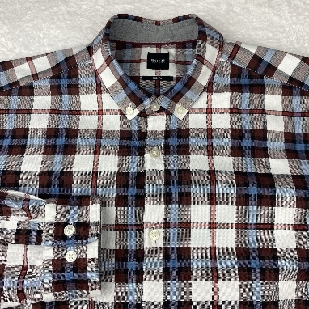 BOSS Hugo Boss Shirt Mens Large Multicolor Plaid Slim Fit Flip Cuffs